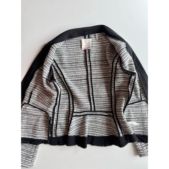 REBECCA TAYLOR Grey Striped Cotton Tweed Leather Trim Peplum Blazer, Size 6 - Picture 12 of 16